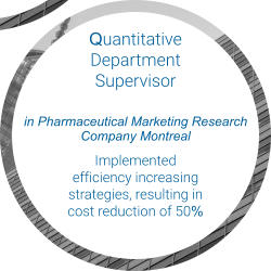 Quantitative  Department  Supervisor  in Pharmaceutical Marketing Research Company Montreal Implemented  efficiency increasing  strategies, resulting in  cost reduction of 50%