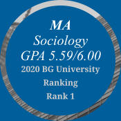 MA  Sociology  GPA 5.59/6.00 2020 BG University Ranking  Rank 1